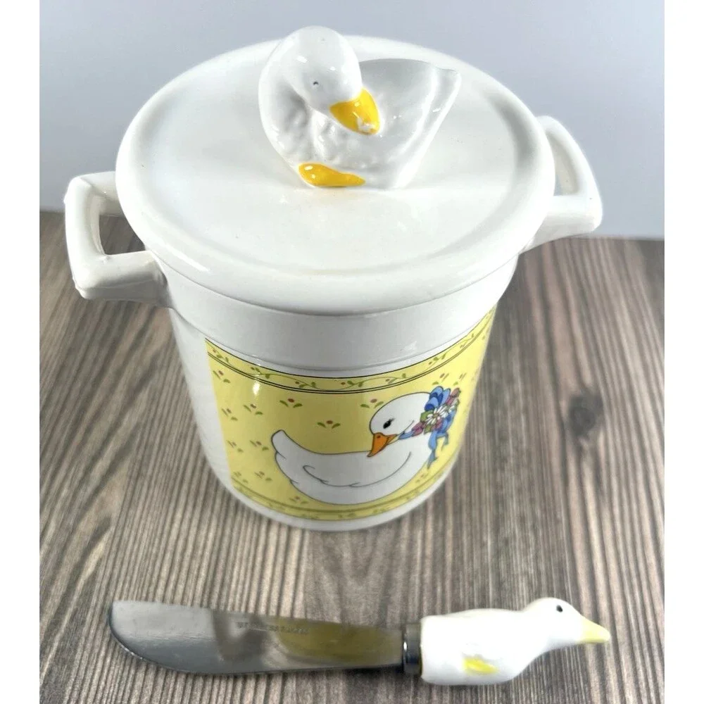 Vintage 90s Y2K Goose Cheese Crock &Lid and Speader  Farmhouse Cottagecore